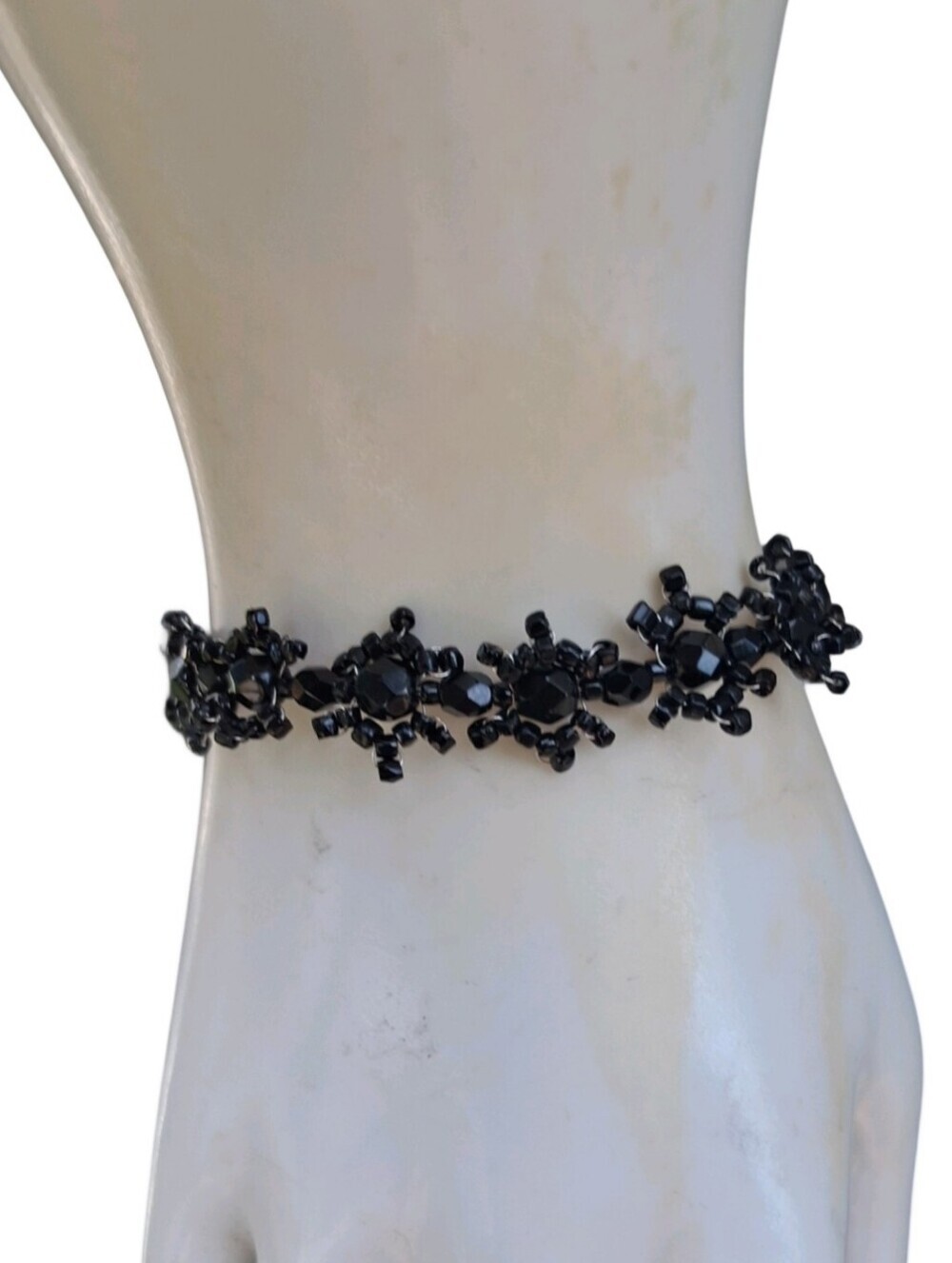 SATELLITE PARIS Vintage Black Beaded Snowflake Bracelet Jet Black Avant Garde